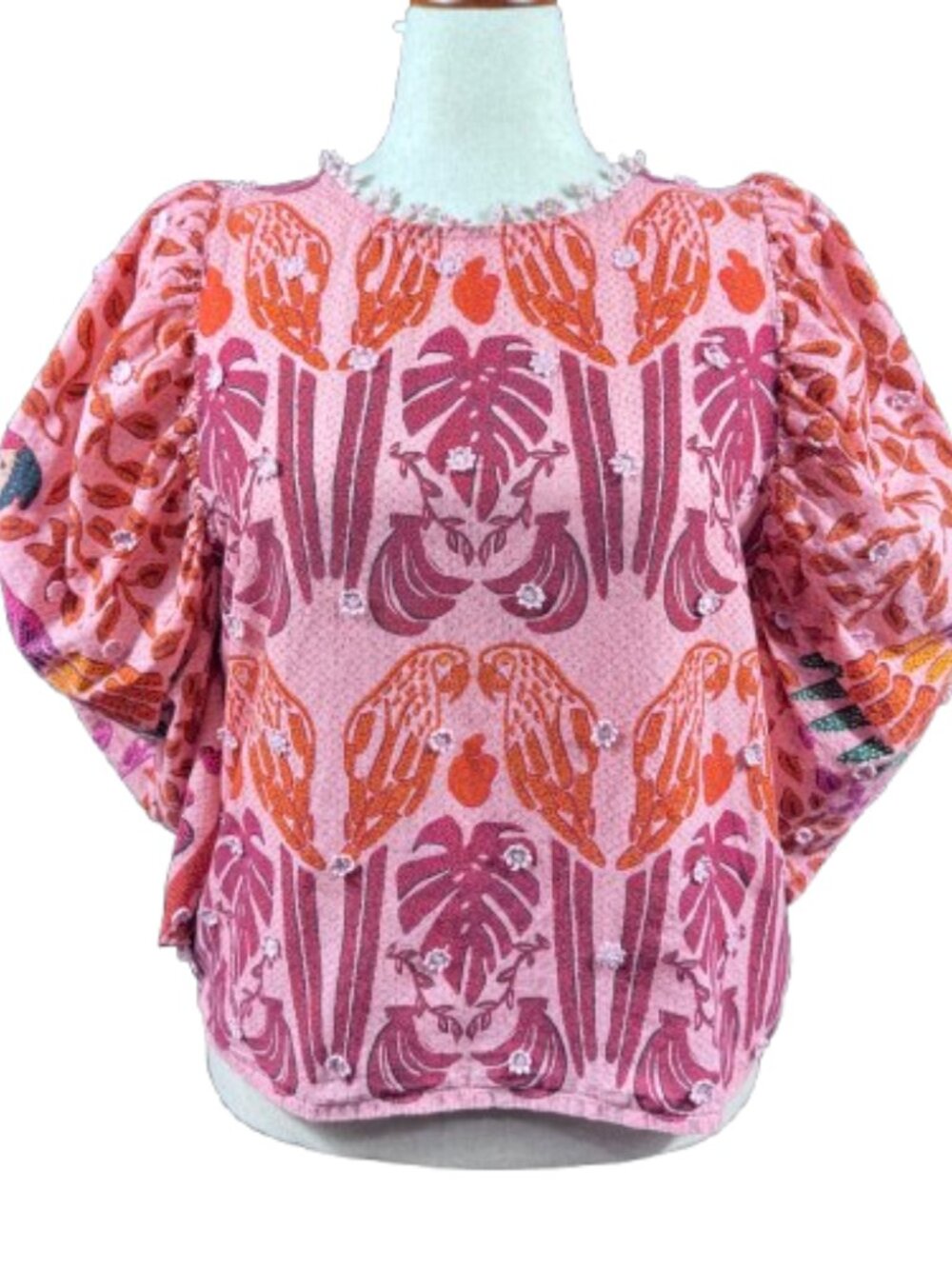 FARM Rio Pink & Red Floral Parrot Puff-Sleeve Blouse